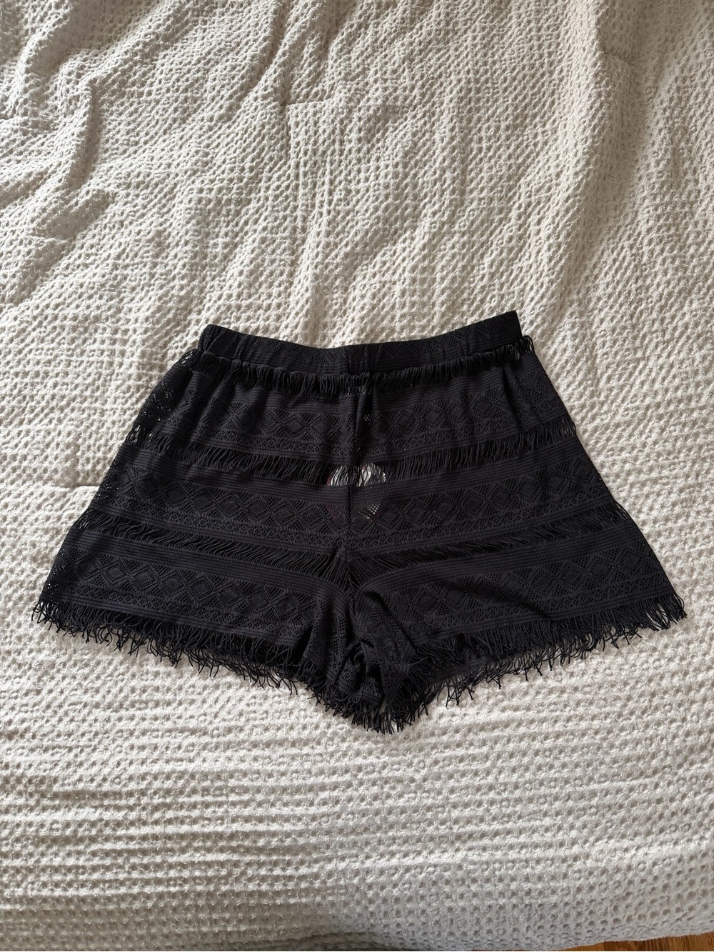 Black Crochet Swim Coverup Shorts with Fringe